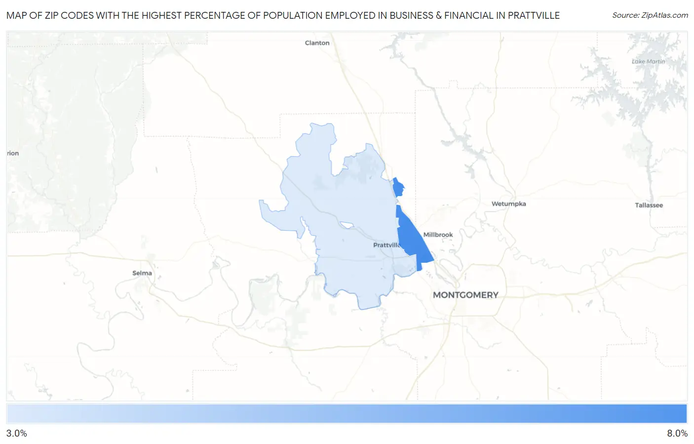 Zip Codes with the Highest Percentage of Population Employed in Business & Financial in Prattville Map