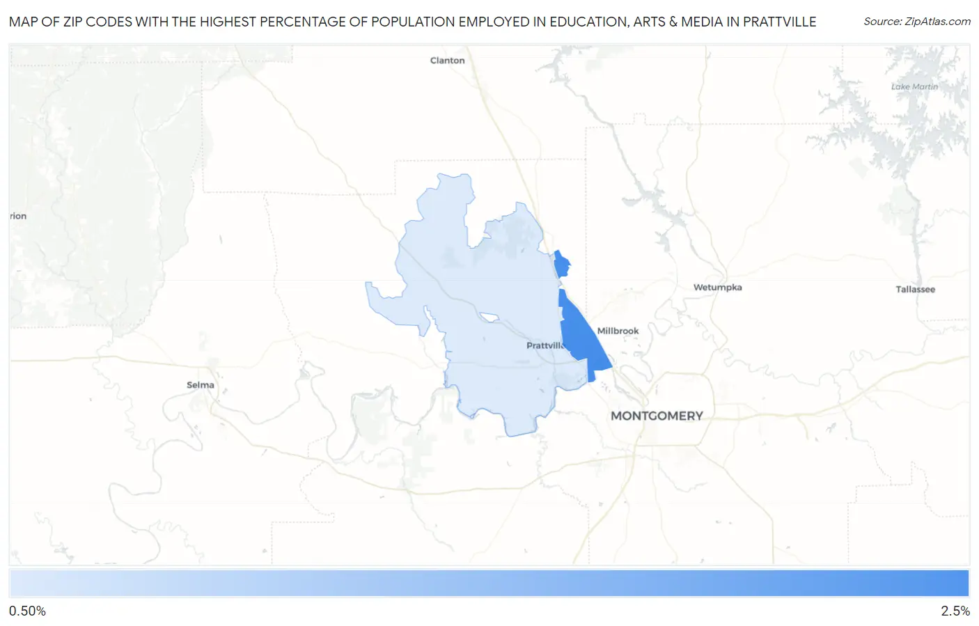 Zip Codes with the Highest Percentage of Population Employed in Education, Arts & Media in Prattville Map