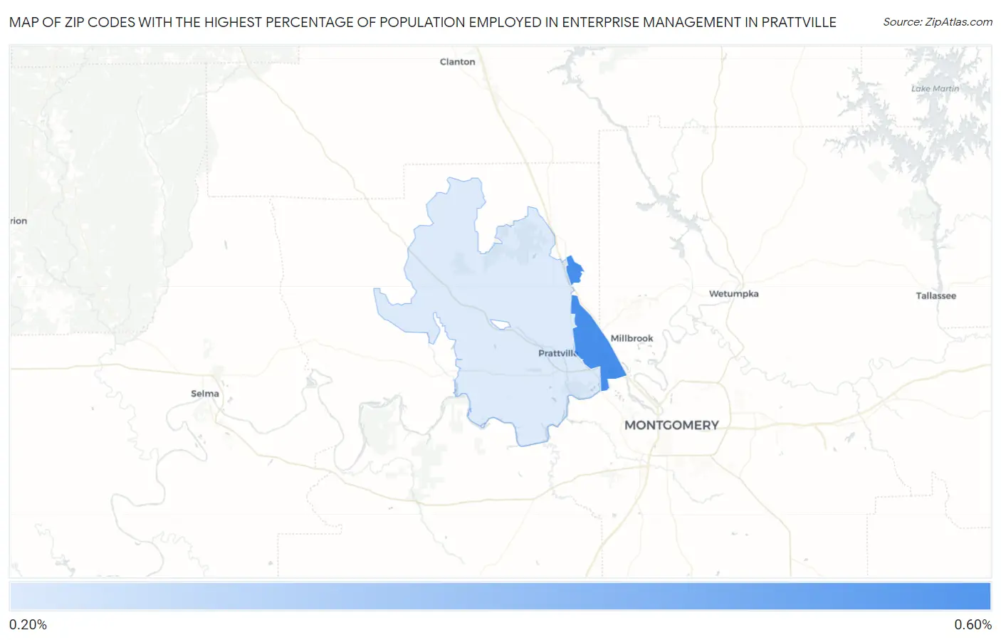 Zip Codes with the Highest Percentage of Population Employed in Enterprise Management in Prattville Map