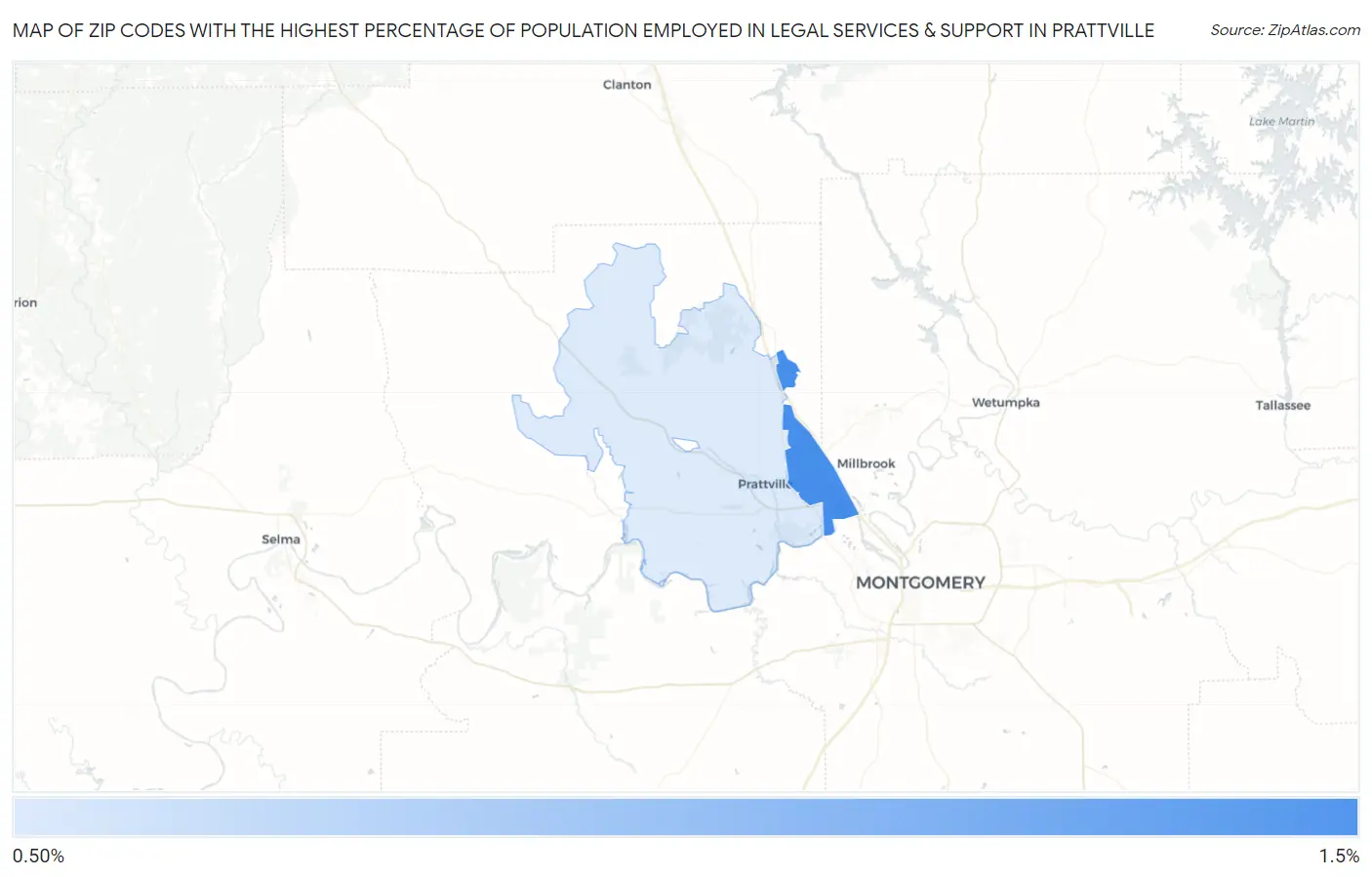 Zip Codes with the Highest Percentage of Population Employed in Legal Services & Support in Prattville Map