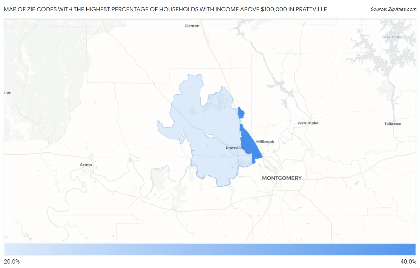 Zip Codes with the Highest Percentage of Households with Income Above $100,000 in Prattville Map
