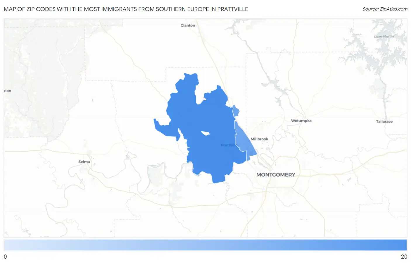 Zip Codes with the Most Immigrants from Southern Europe in Prattville Map