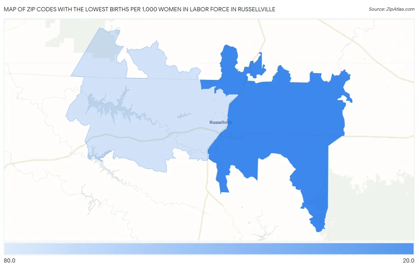 Zip Codes with the Lowest Births per 1,000 Women in Labor Force in Russellville Map