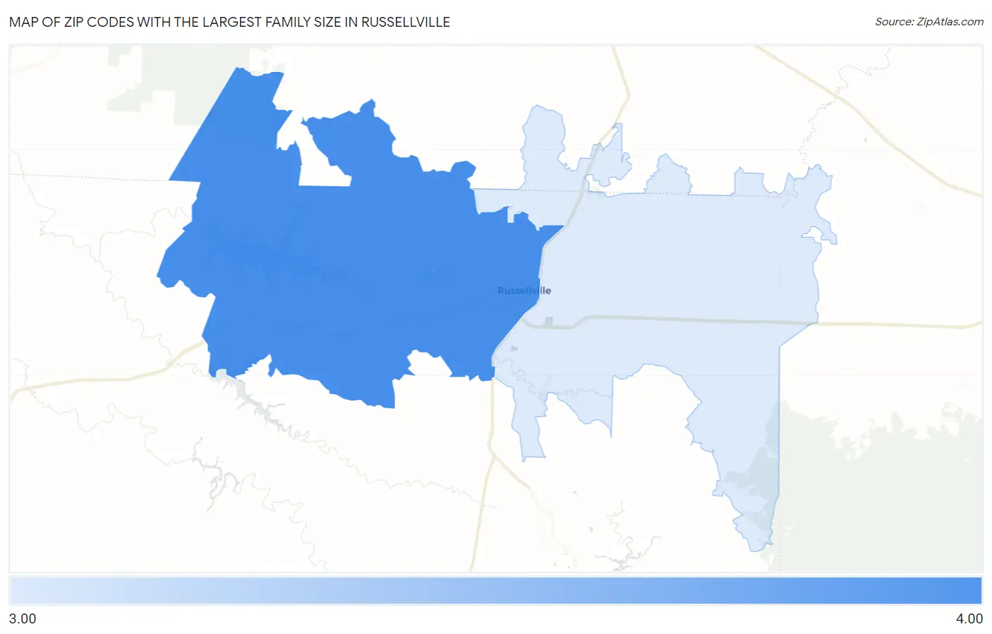 Zip Codes with the Largest Family Size in Russellville Map