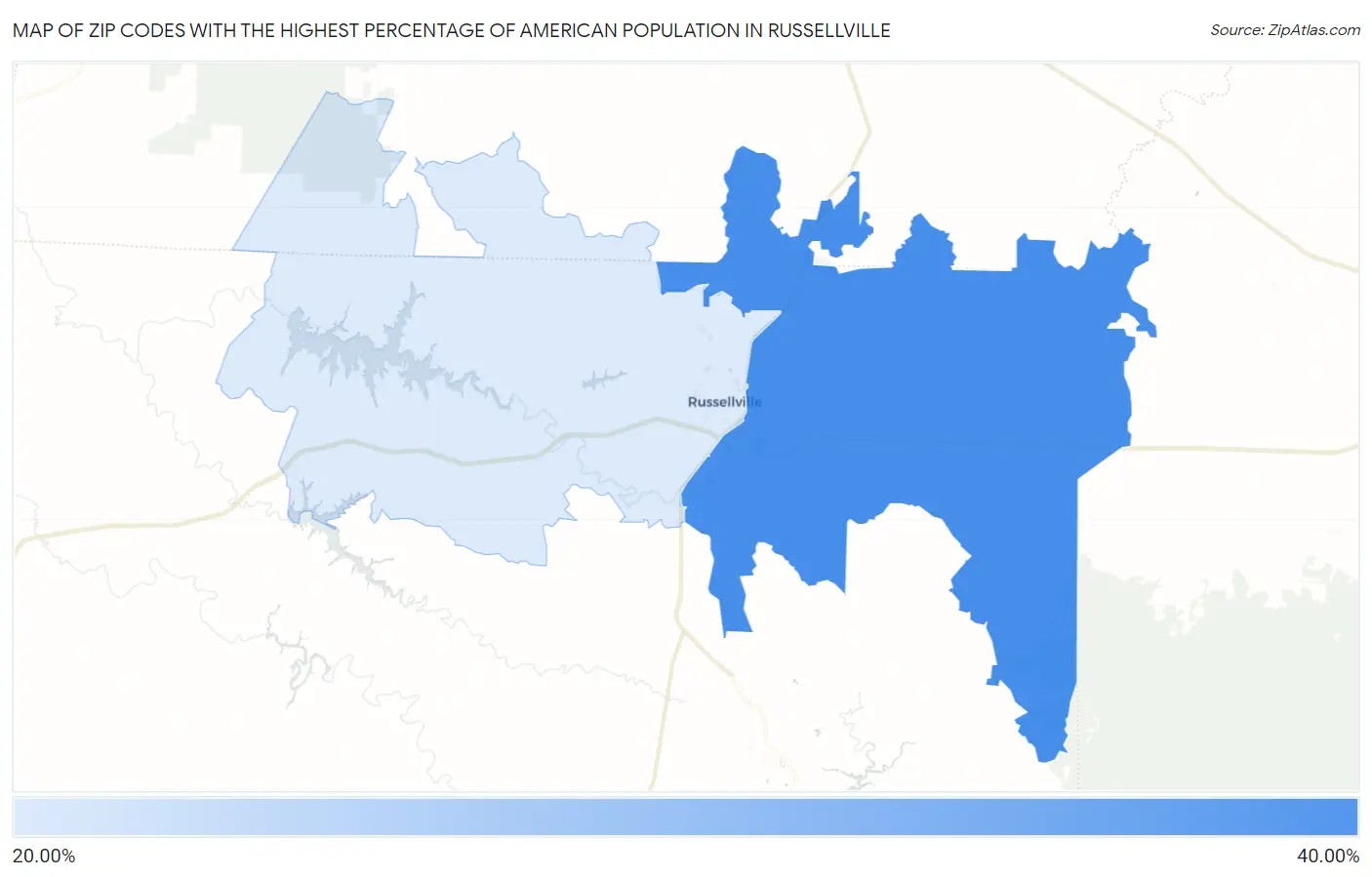 Zip Codes with the Highest Percentage of American Population in Russellville Map