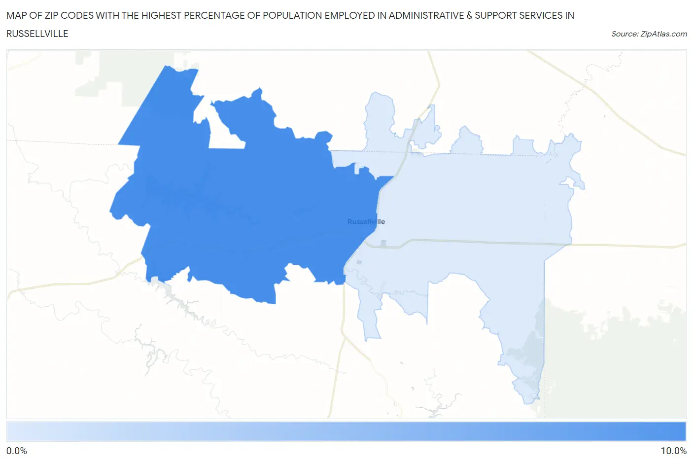 Zip Codes with the Highest Percentage of Population Employed in Administrative & Support Services in Russellville Map