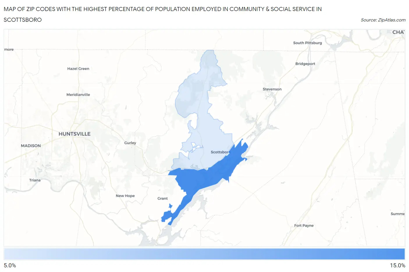 Zip Codes with the Highest Percentage of Population Employed in Community & Social Service in Scottsboro Map