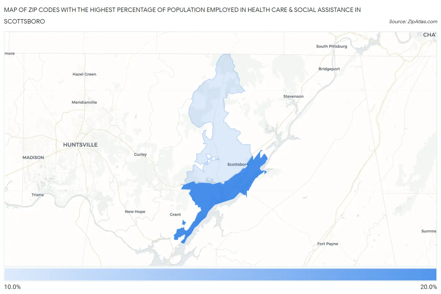 Zip Codes with the Highest Percentage of Population Employed in Health Care & Social Assistance in Scottsboro Map