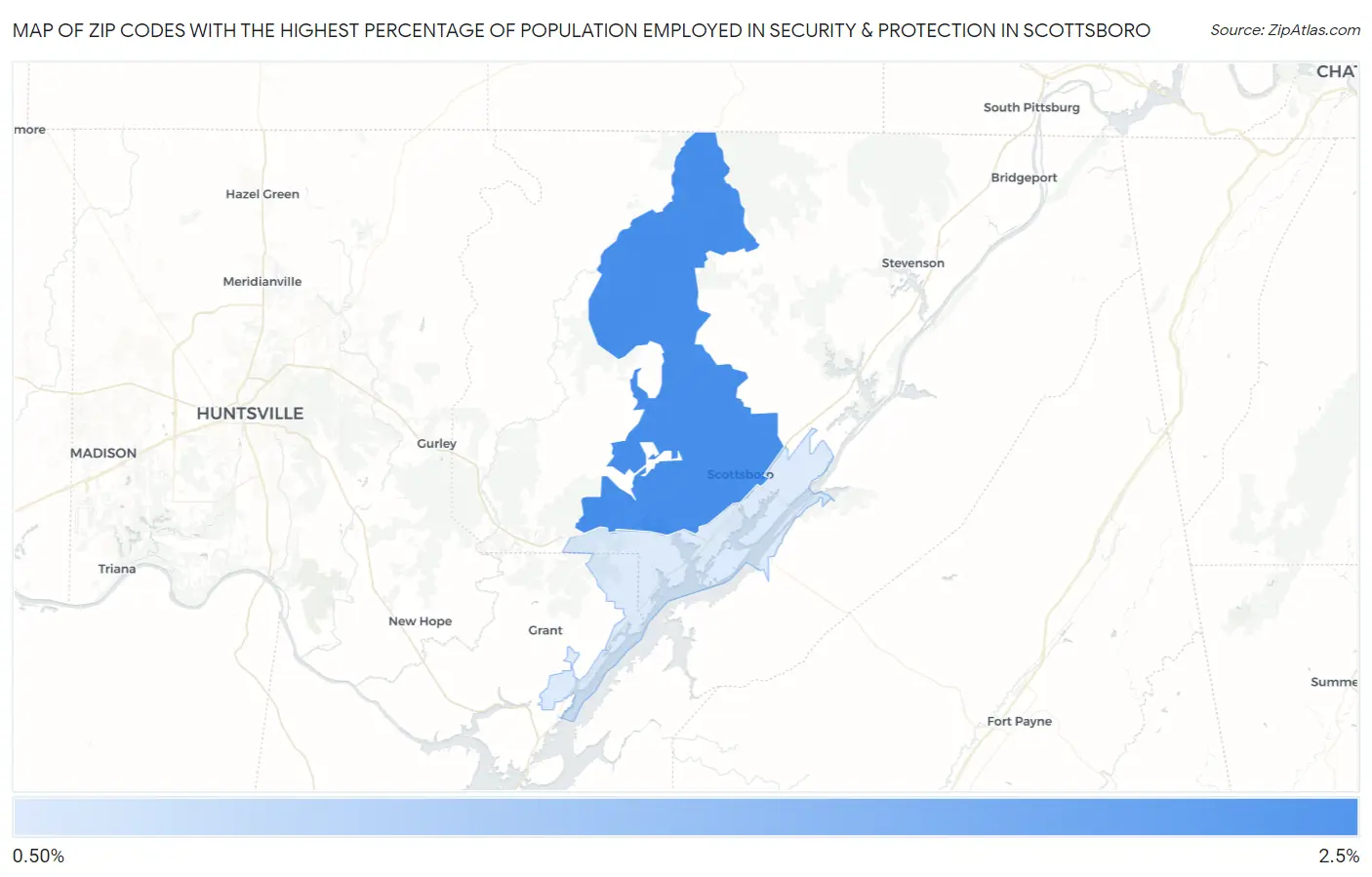 Zip Codes with the Highest Percentage of Population Employed in Security & Protection in Scottsboro Map