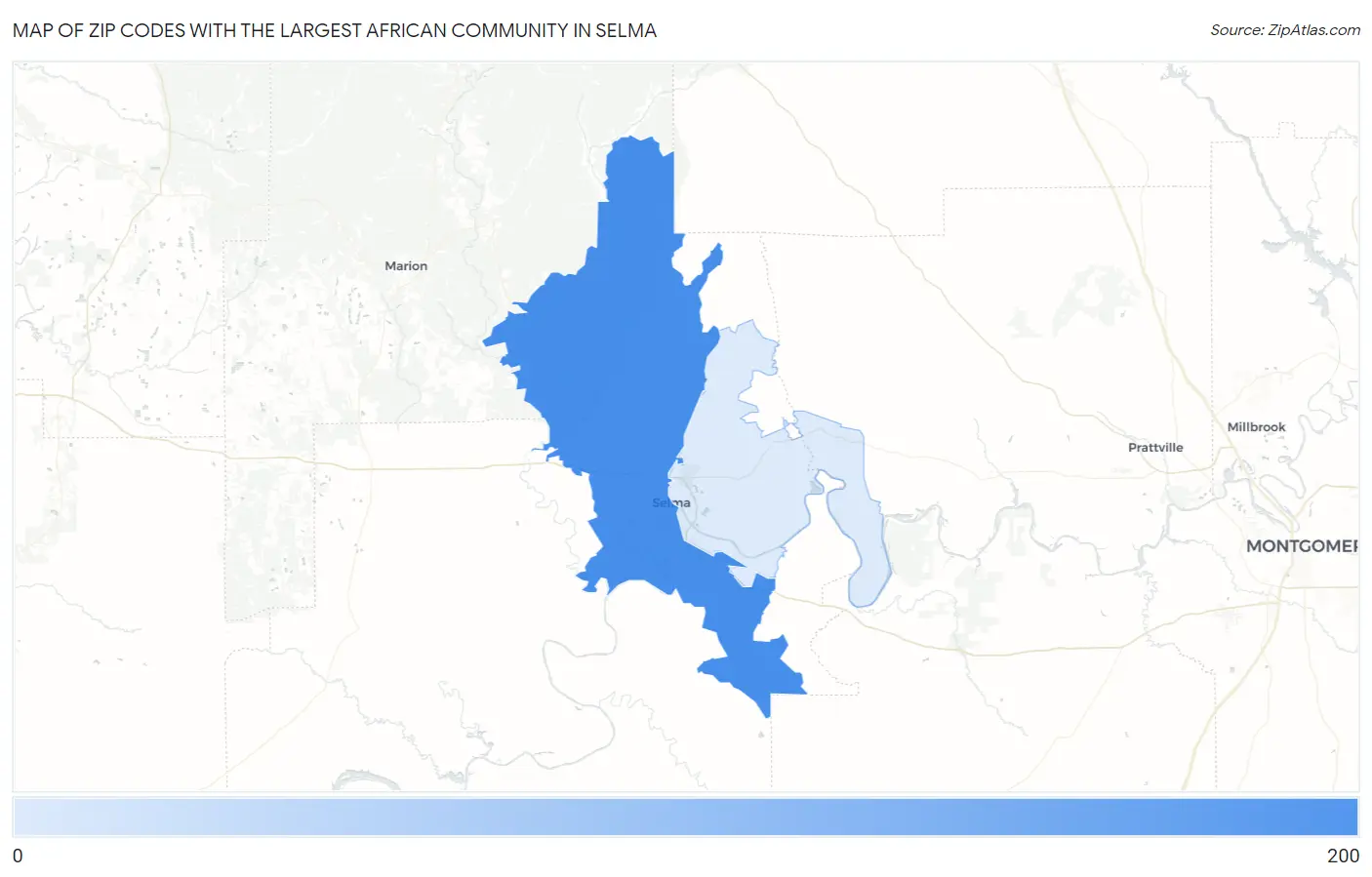 Zip Codes with the Largest African Community in Selma Map