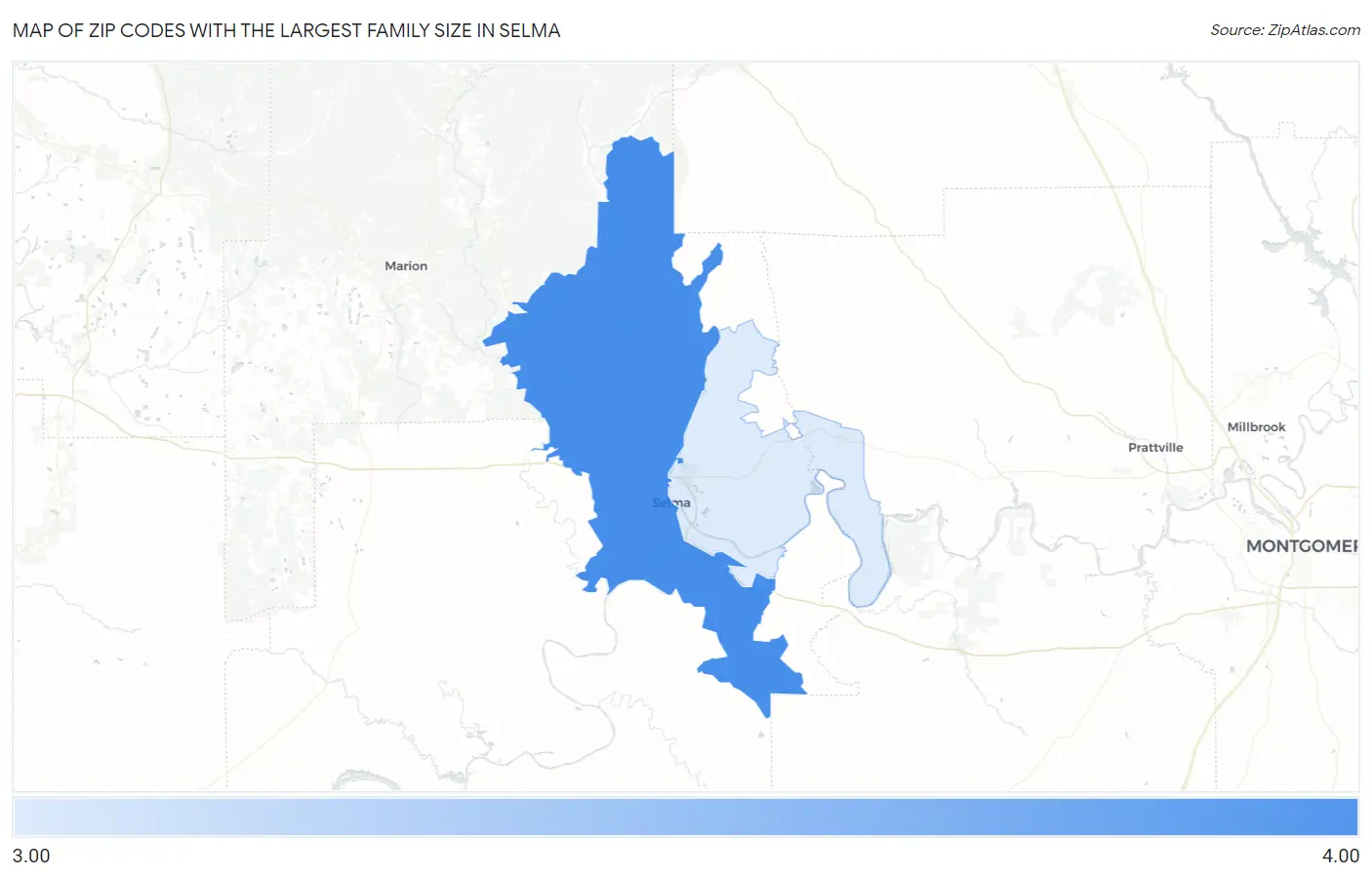 Zip Codes with the Largest Family Size in Selma Map