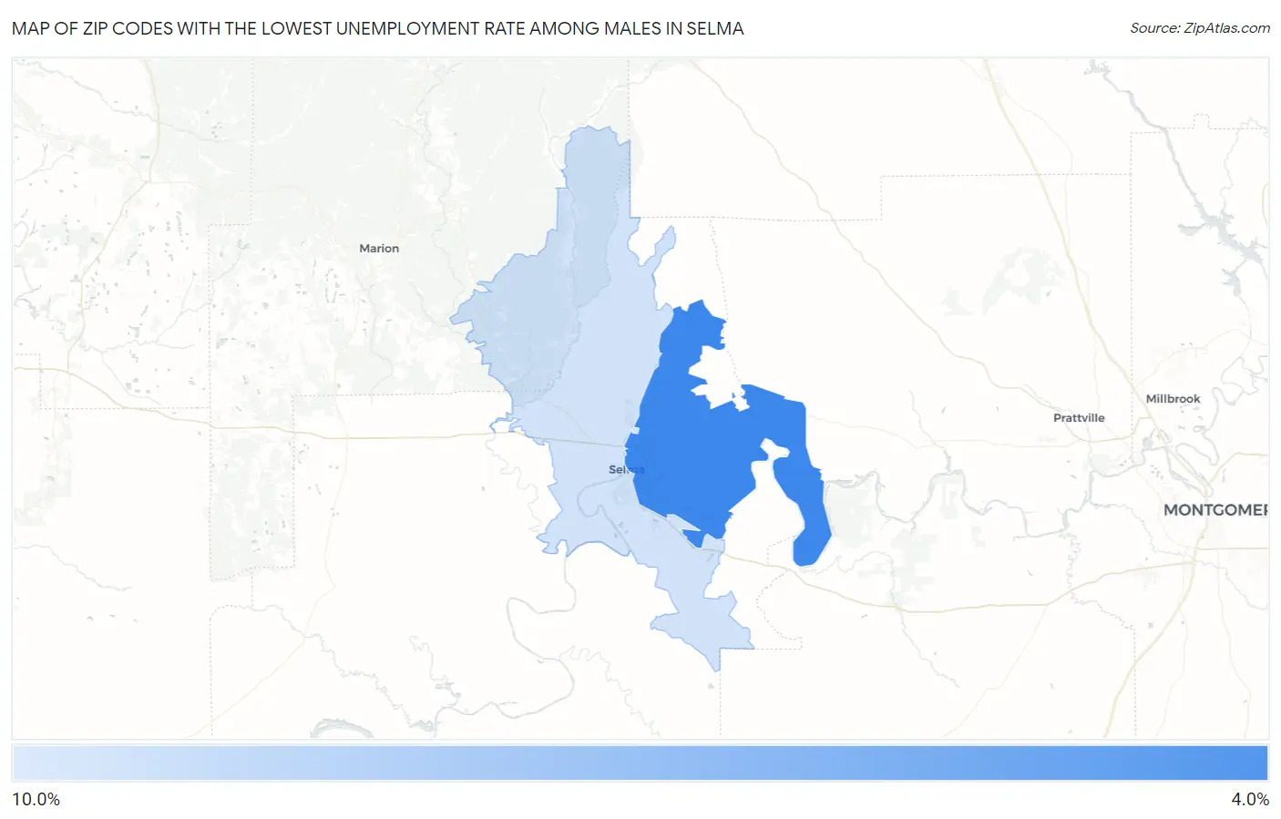 Zip Codes with the Lowest Unemployment Rate Among Males in Selma Map