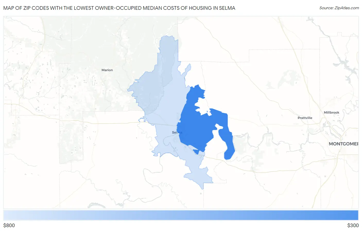 Zip Codes with the Lowest Owner-Occupied Median Costs of Housing in Selma Map