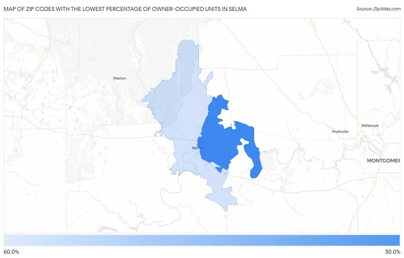 Zip Codes with the Lowest Percentage of Owner-Occupied Units in Selma Map
