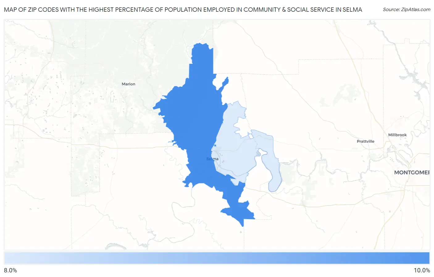 Zip Codes with the Highest Percentage of Population Employed in Community & Social Service  in Selma Map