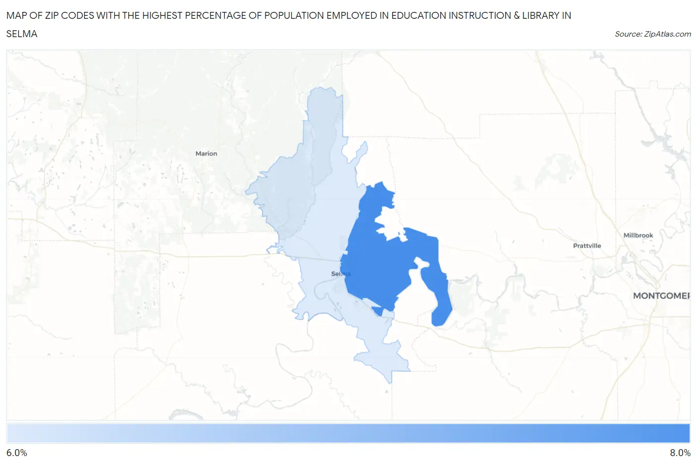 Zip Codes with the Highest Percentage of Population Employed in Education Instruction & Library in Selma Map