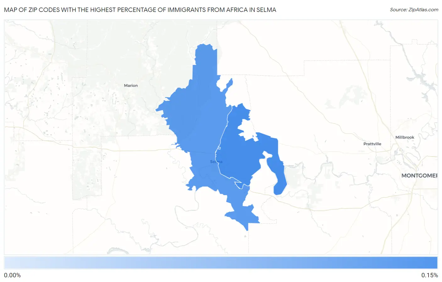 Zip Codes with the Highest Percentage of Immigrants from Africa in Selma Map