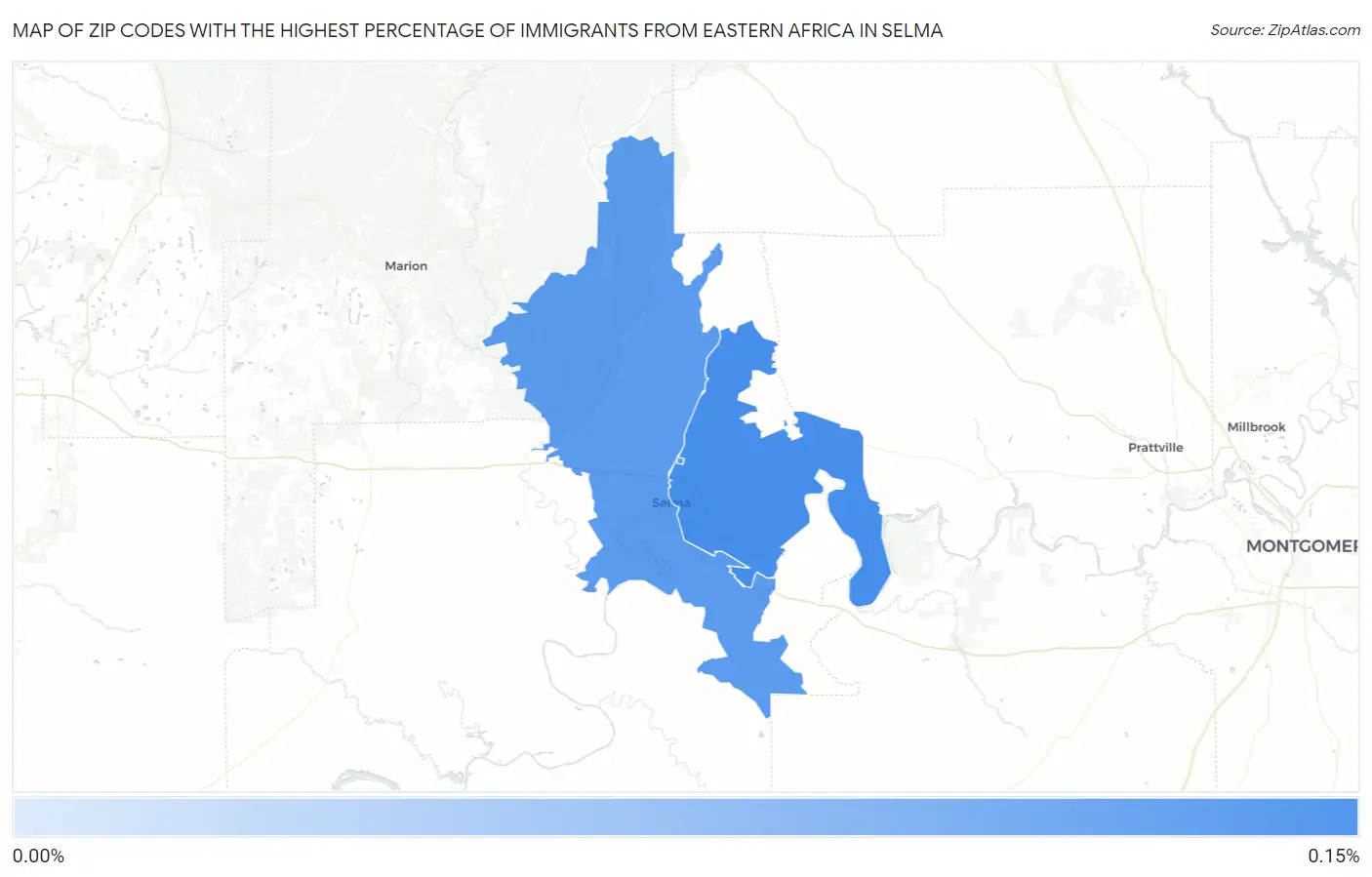 Zip Codes with the Highest Percentage of Immigrants from Eastern Africa in Selma Map