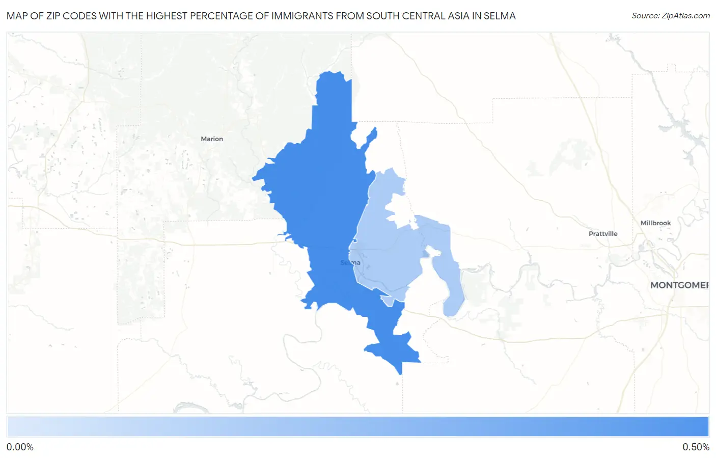 Zip Codes with the Highest Percentage of Immigrants from South Central Asia in Selma Map