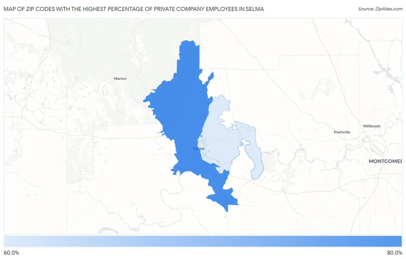 Zip Codes with the Highest Percentage of Private Company Employees in Selma Map