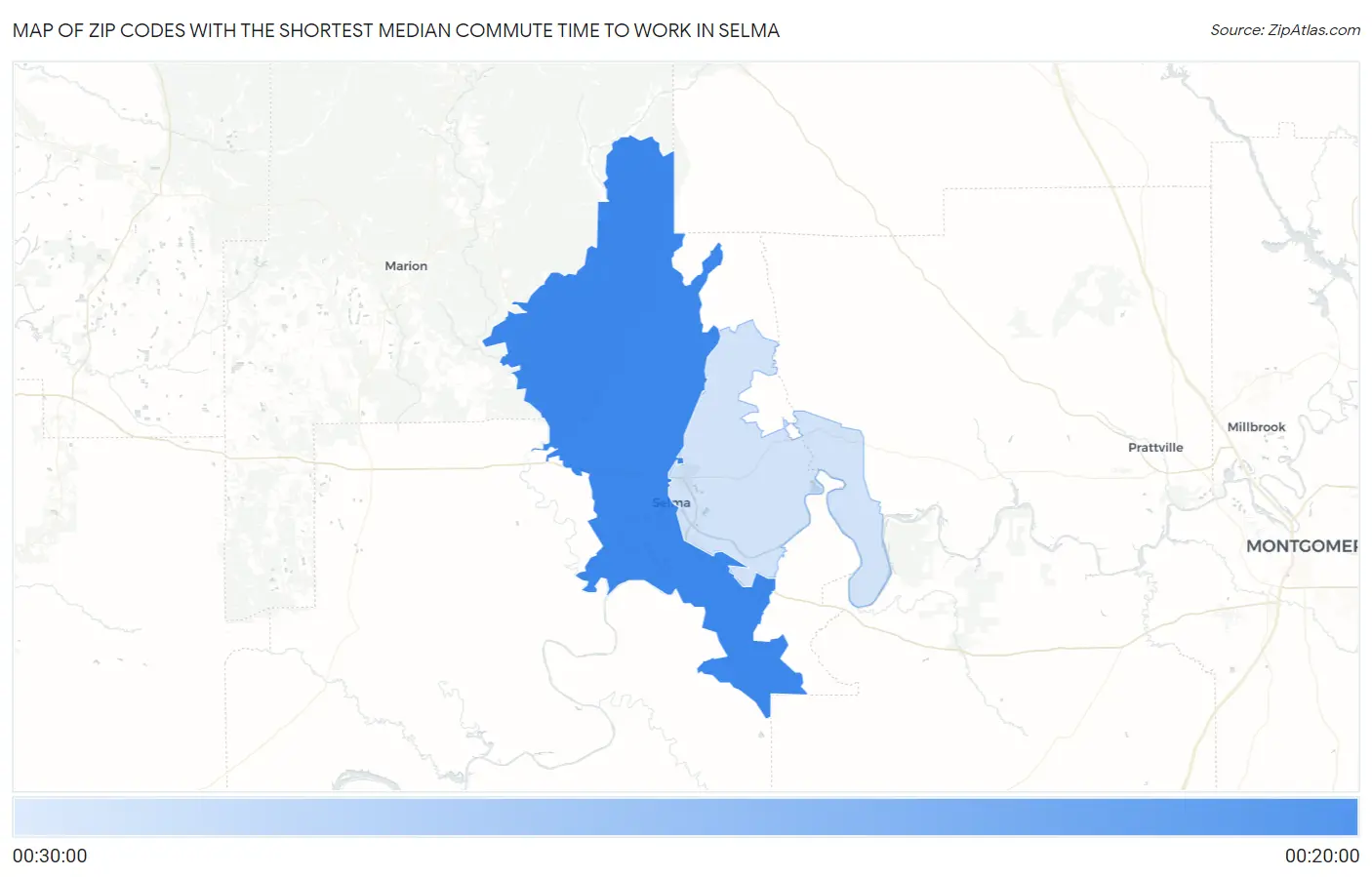 Zip Codes with the Shortest Median Commute Time to Work in Selma Map