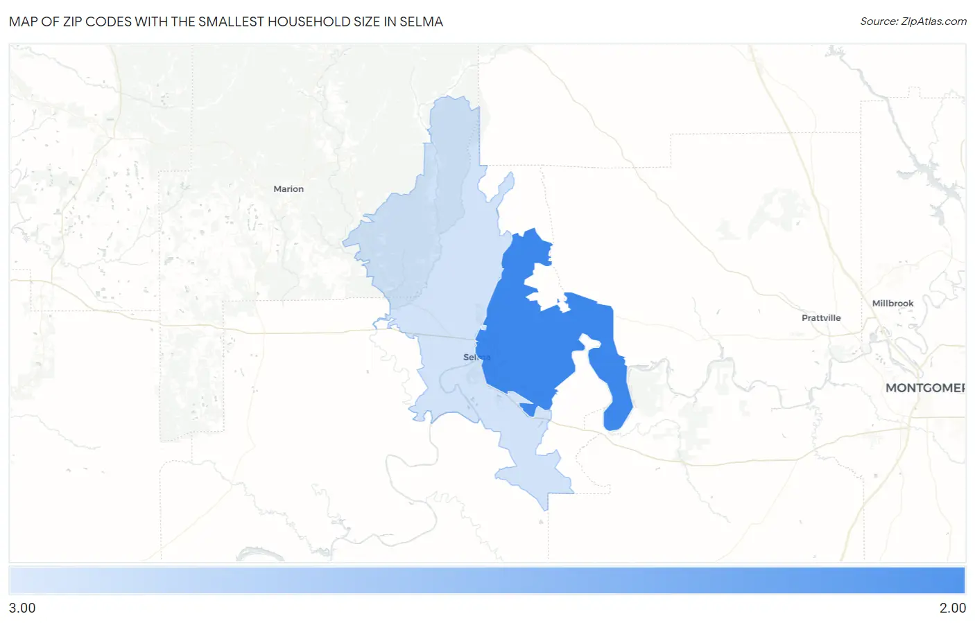 Zip Codes with the Smallest Household Size in Selma Map