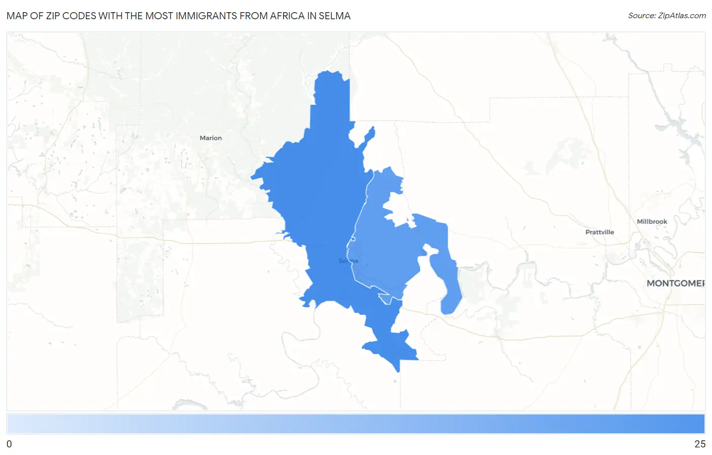 Zip Codes with the Most Immigrants from Africa in Selma Map