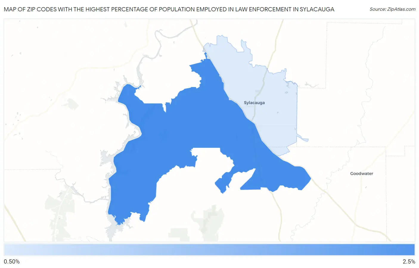 Zip Codes with the Highest Percentage of Population Employed in Law Enforcement in Sylacauga Map
