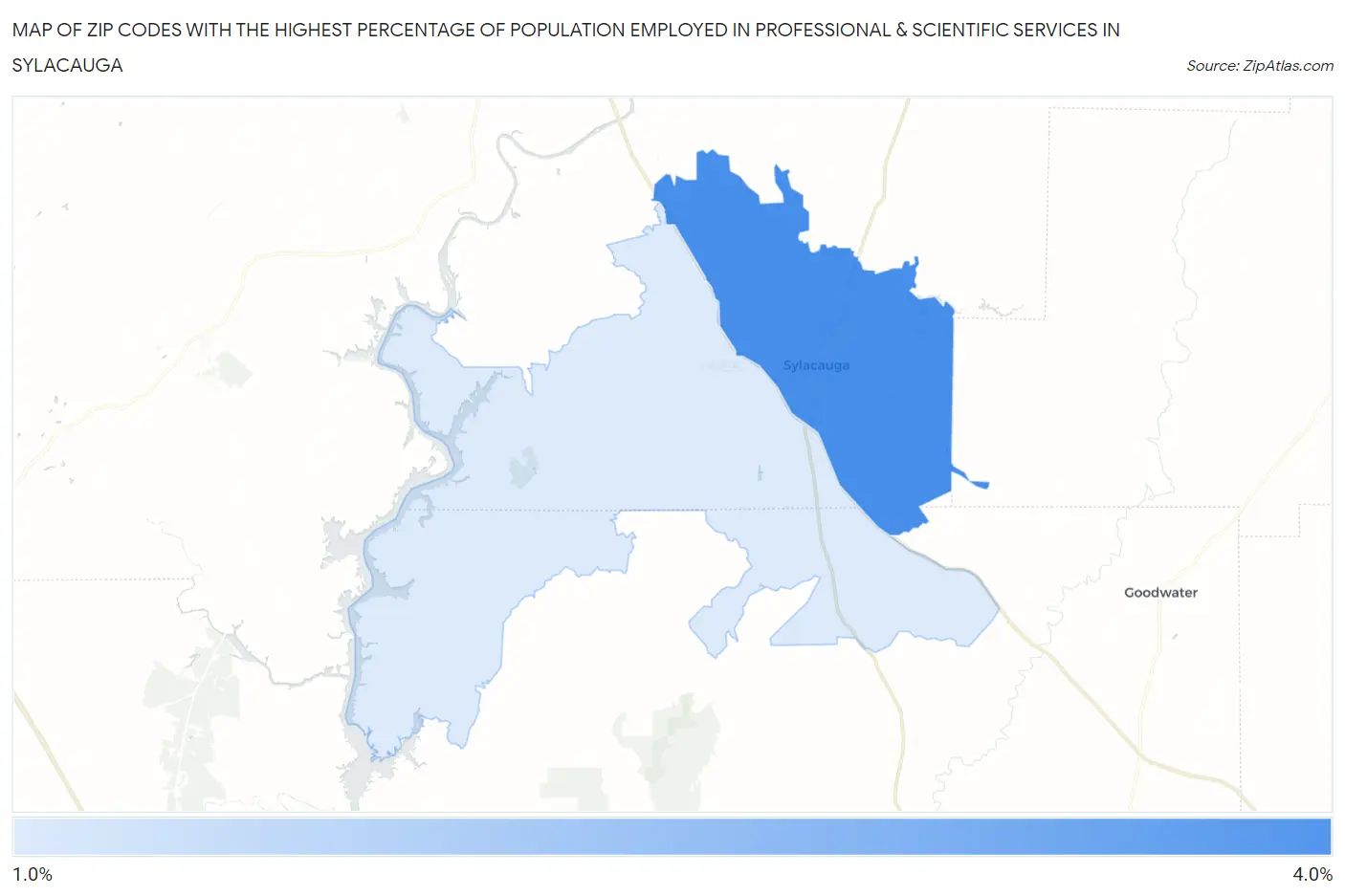 Zip Codes with the Highest Percentage of Population Employed in Professional & Scientific Services in Sylacauga Map