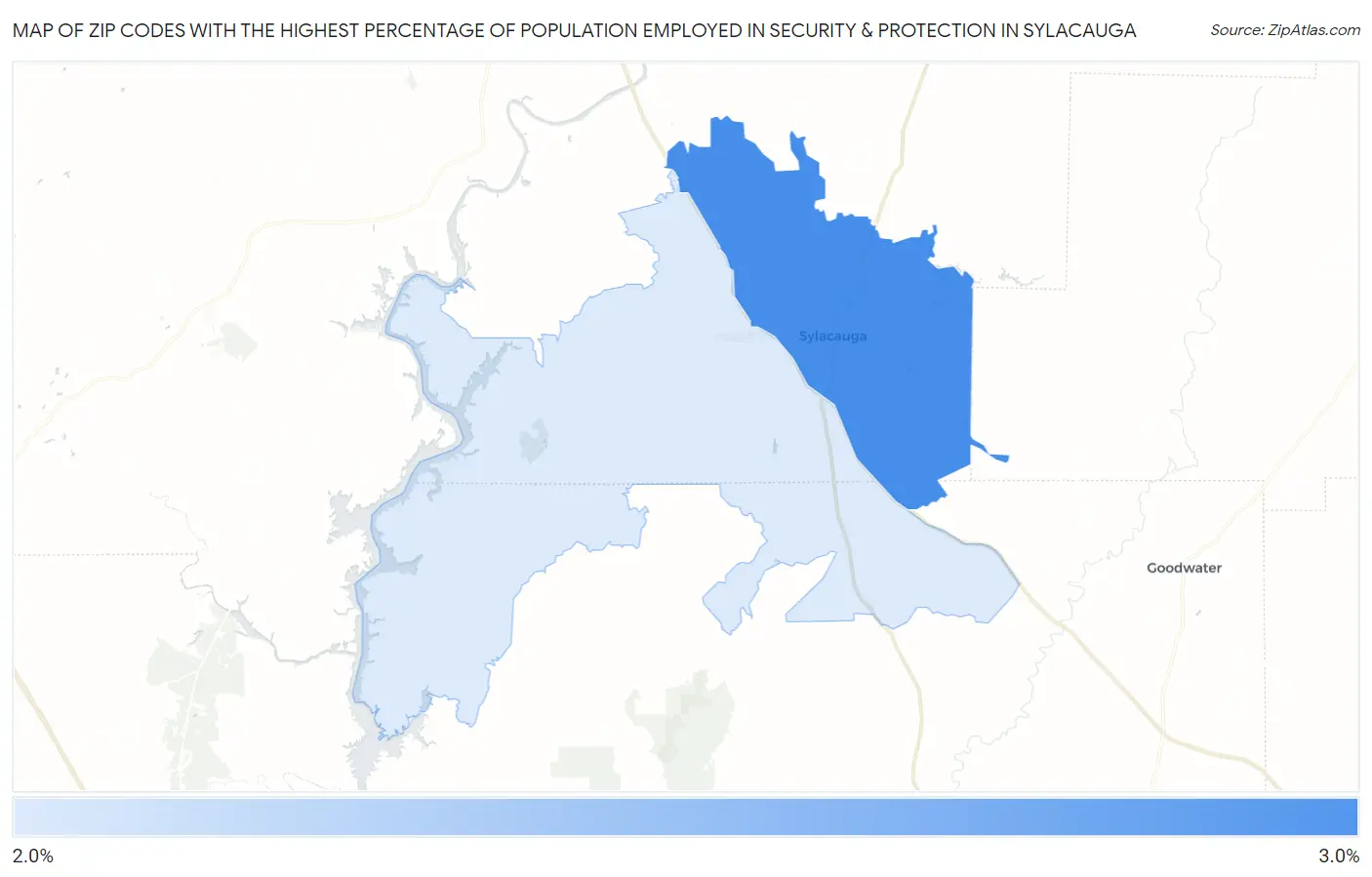 Zip Codes with the Highest Percentage of Population Employed in Security & Protection in Sylacauga Map