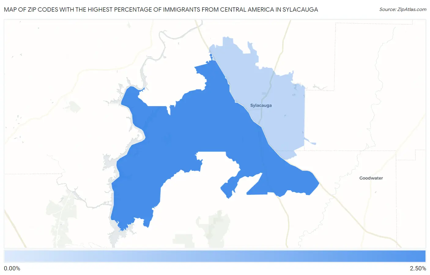 Zip Codes with the Highest Percentage of Immigrants from Central America in Sylacauga Map