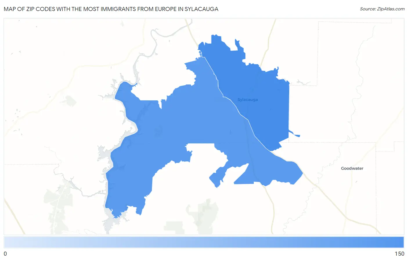 Zip Codes with the Most Immigrants from Europe in Sylacauga Map
