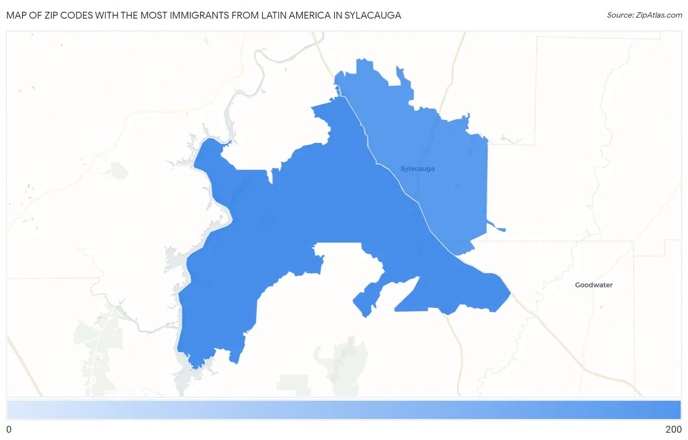 Zip Codes with the Most Immigrants from Latin America in Sylacauga Map