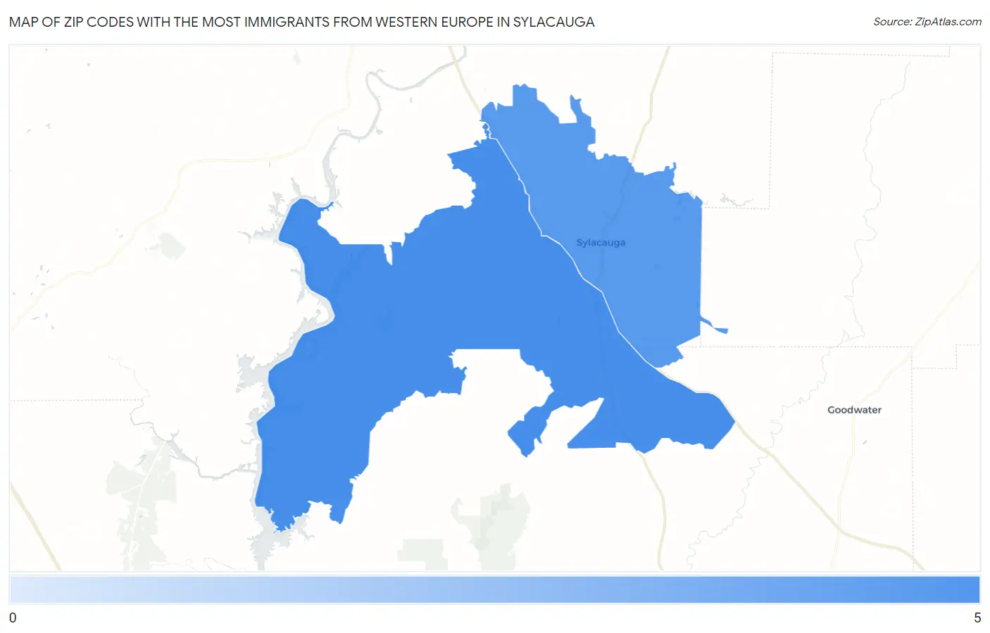 Zip Codes with the Most Immigrants from Western Europe in Sylacauga Map