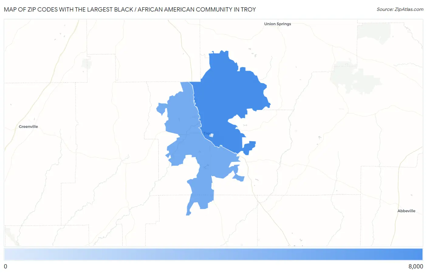 Zip Codes with the Largest Black / African American Community in Troy Map