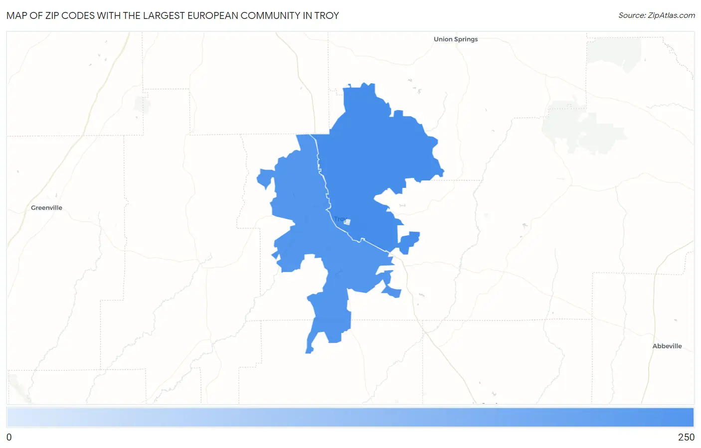 Zip Codes with the Largest European Community in Troy Map