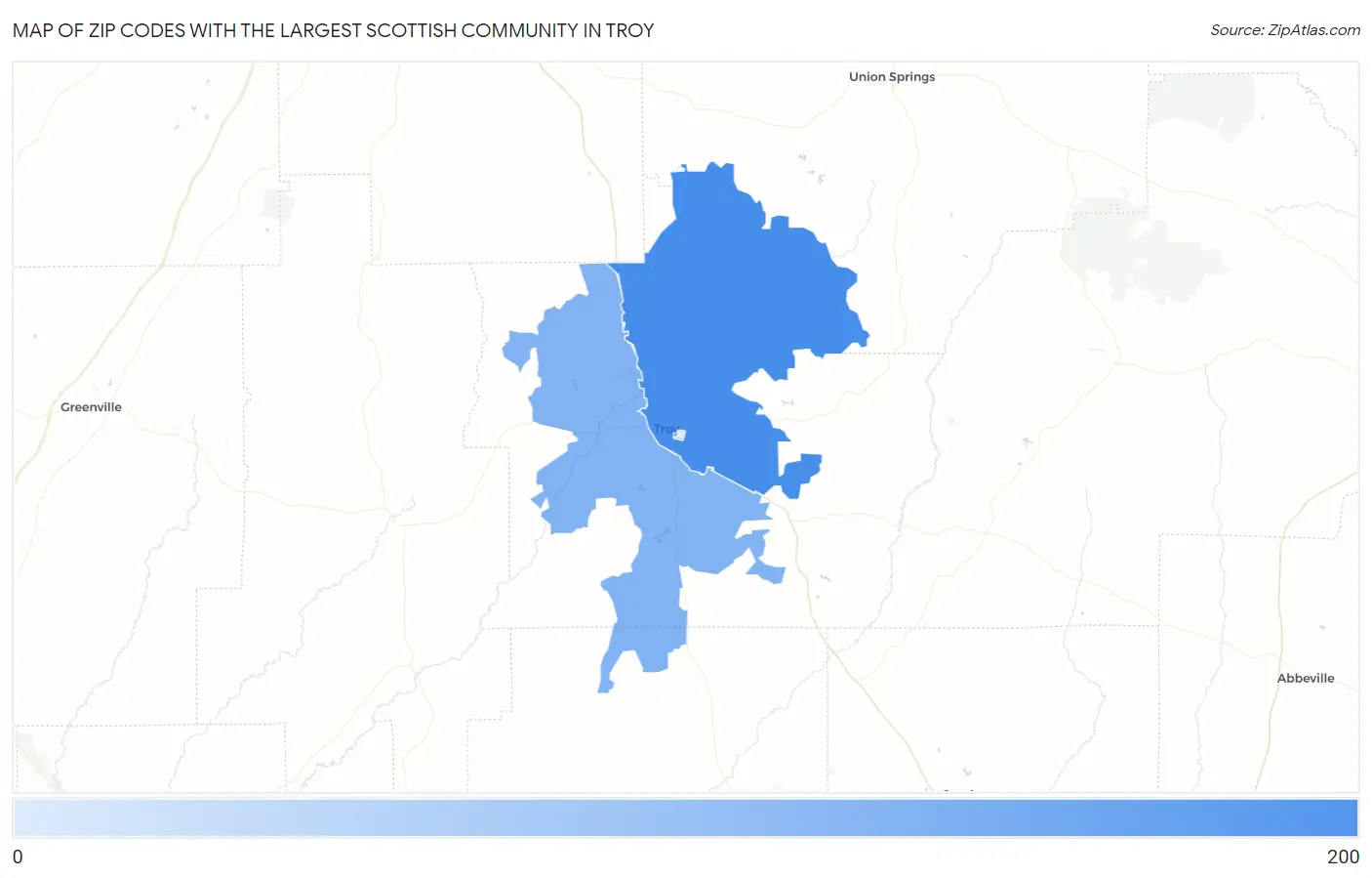 Zip Codes with the Largest Scottish Community in Troy Map