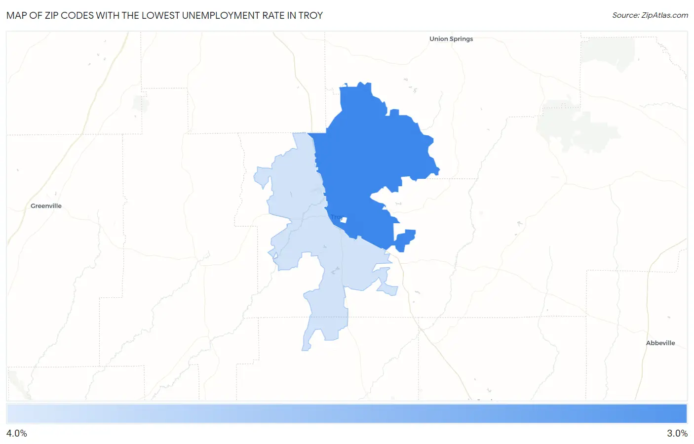 Zip Codes with the Lowest Unemployment Rate in Troy Map