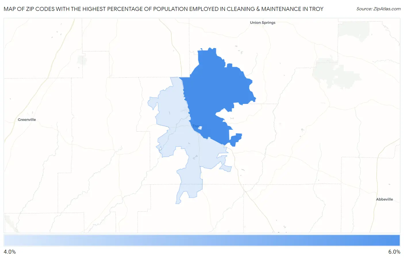Zip Codes with the Highest Percentage of Population Employed in Cleaning & Maintenance in Troy Map