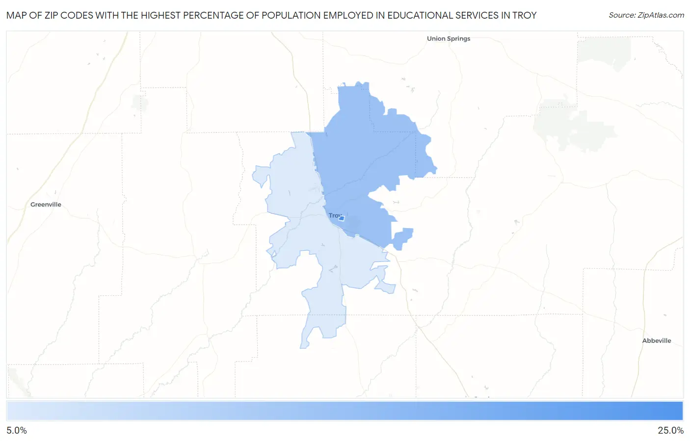 Zip Codes with the Highest Percentage of Population Employed in Educational Services in Troy Map