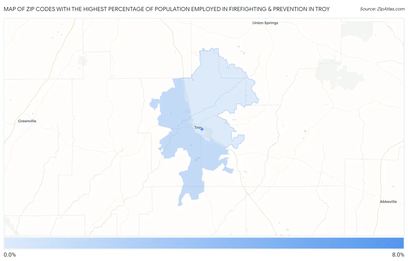 Zip Codes with the Highest Percentage of Population Employed in Firefighting & Prevention in Troy Map