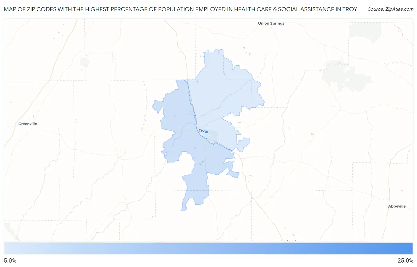 Zip Codes with the Highest Percentage of Population Employed in Health Care & Social Assistance in Troy Map