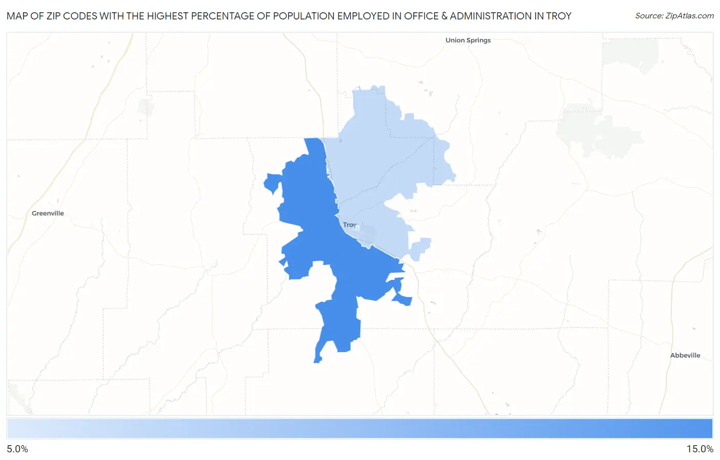 Zip Codes with the Highest Percentage of Population Employed in Office & Administration in Troy Map
