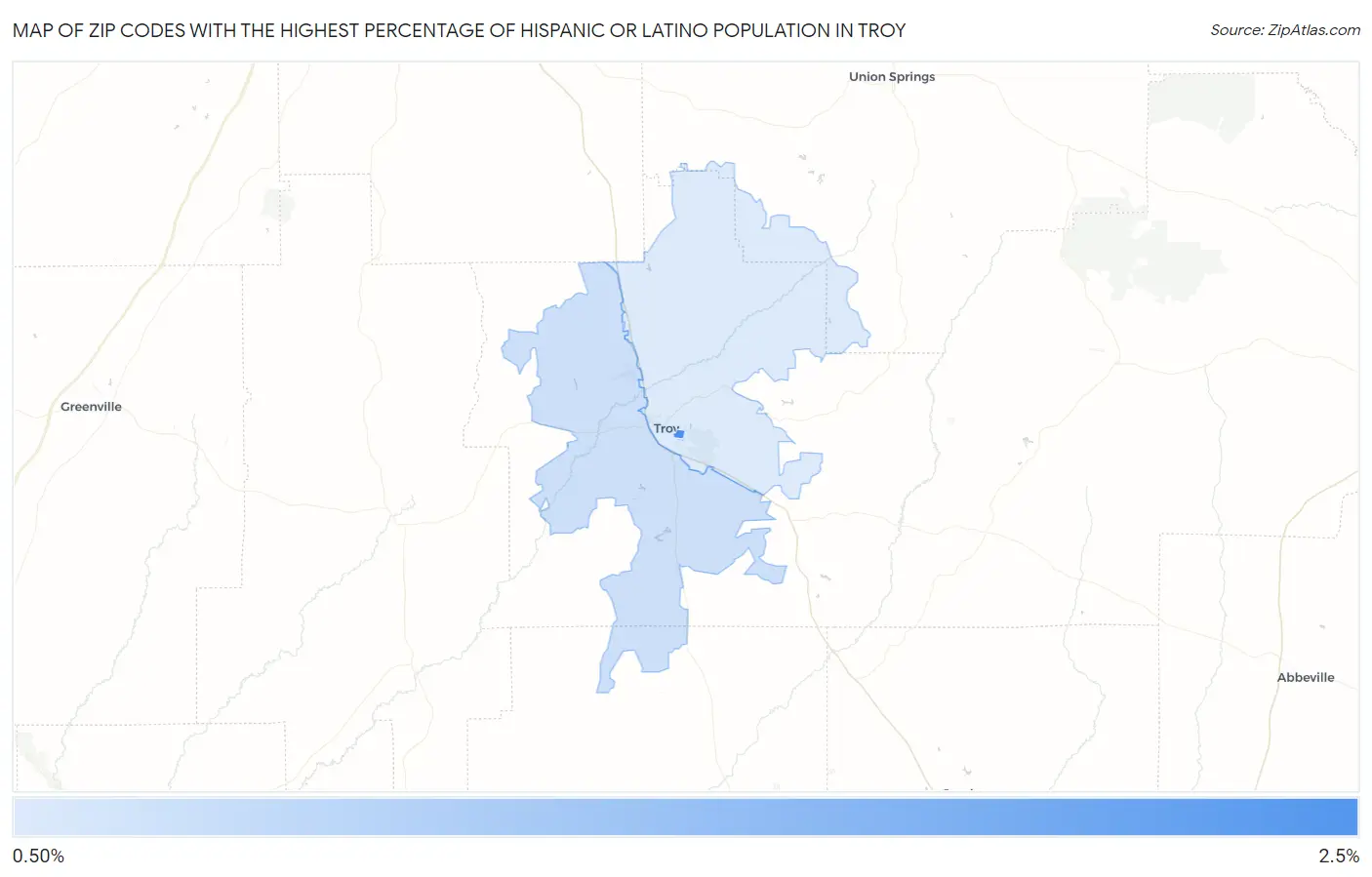 Zip Codes with the Highest Percentage of Hispanic or Latino Population in Troy Map