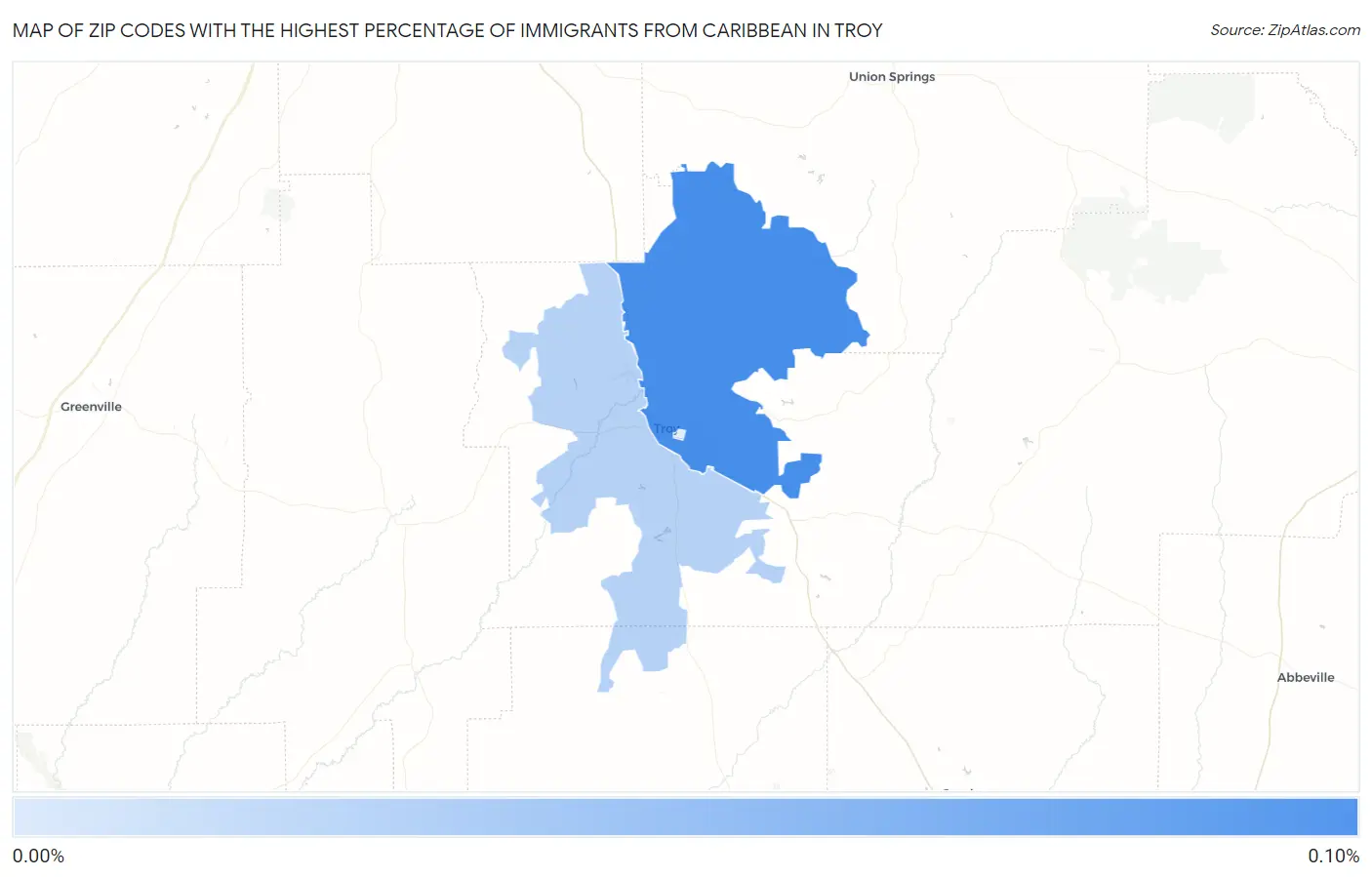 Zip Codes with the Highest Percentage of Immigrants from Caribbean in Troy Map
