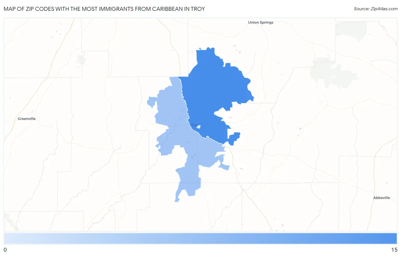 Zip Codes with the Most Immigrants from Caribbean in Troy Map