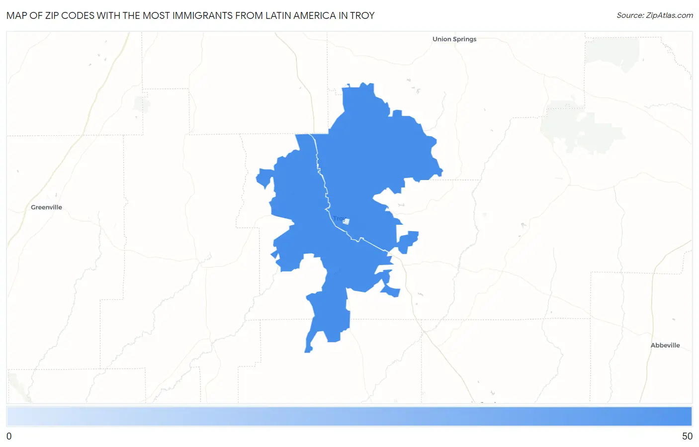 Zip Codes with the Most Immigrants from Latin America in Troy Map