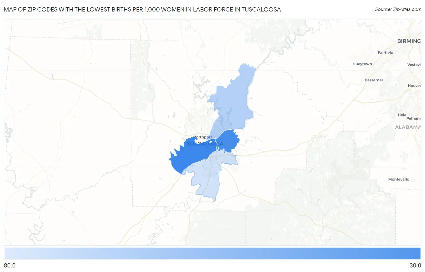 Zip Codes with the Lowest Births per 1,000 Women in Labor Force in Tuscaloosa Map