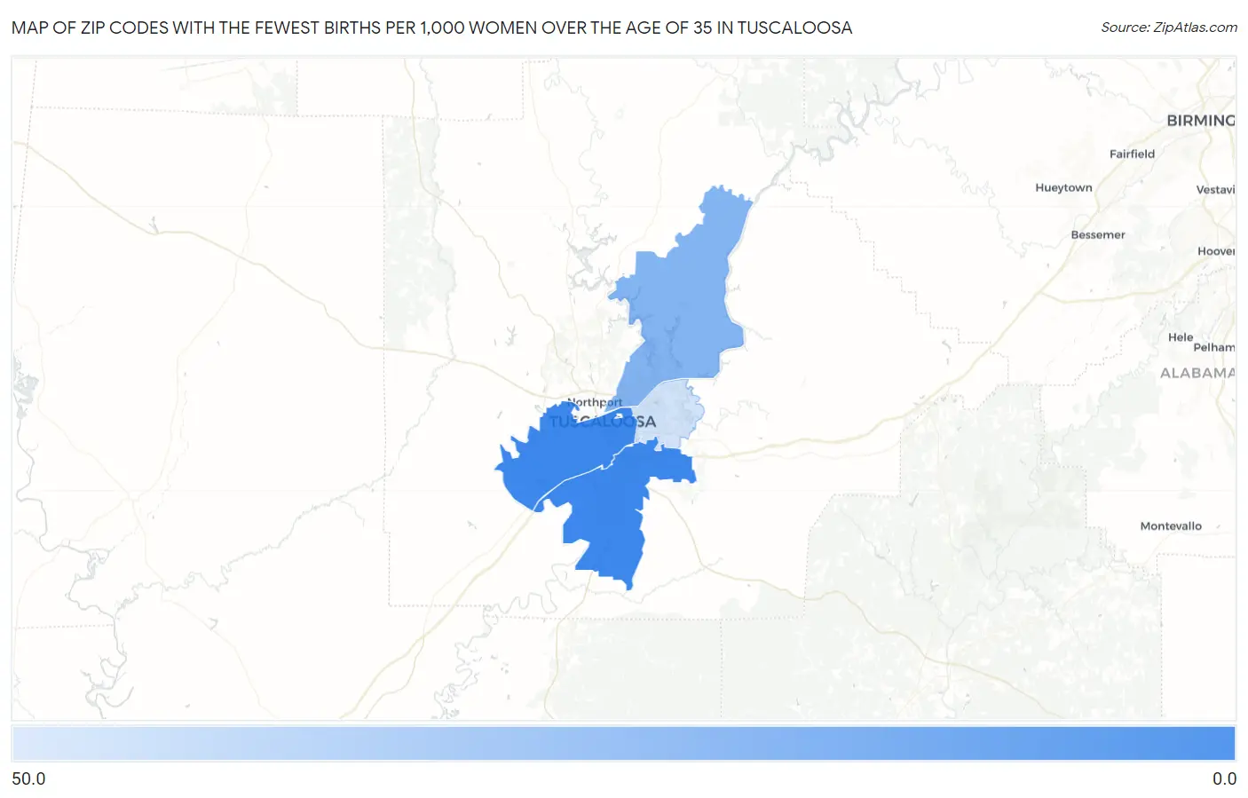 Zip Codes with the Fewest Births per 1,000 Women Over the Age of 35 in Tuscaloosa Map