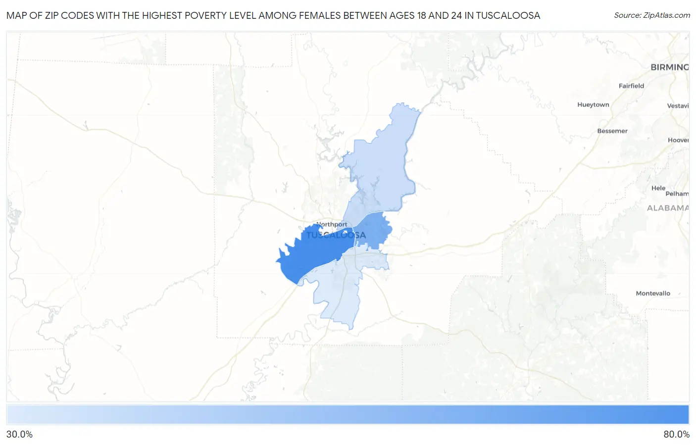 Zip Codes with the Highest Poverty Level Among Females Between Ages 18 and 24 in Tuscaloosa Map